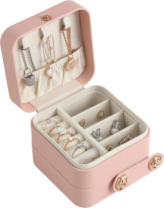Travel Jewelry Box Portable Jewelry Case for Earring, Ring, Necklace,Bracelet Small Jewlery Organizer with Button (Pink)