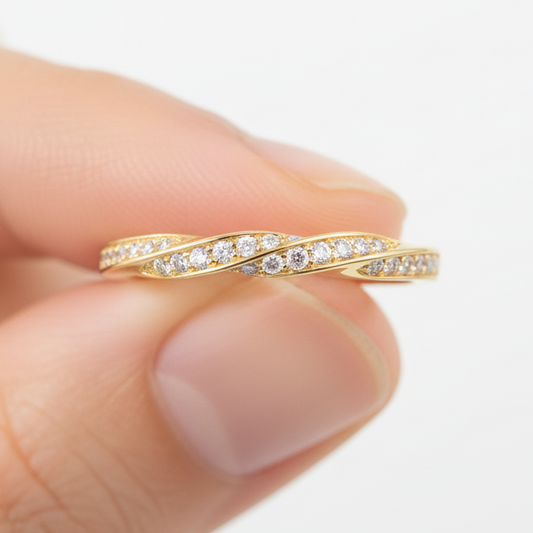 14K Solid Gold Twisted Half Line Diamond Ring Band
