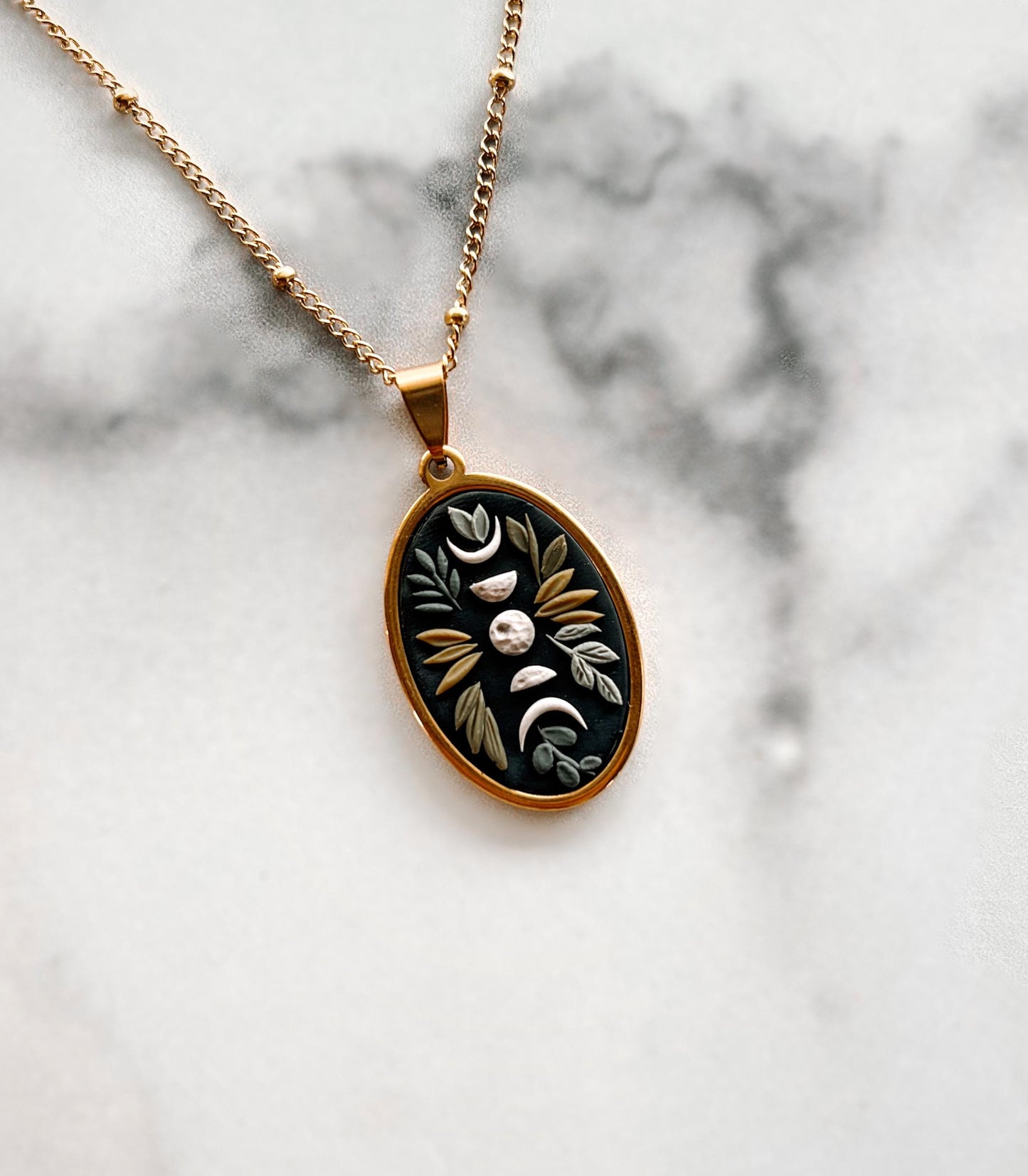 Botanical Moon Phase | Pendant | Necklace | Handmade Polymer Clay | Gold
