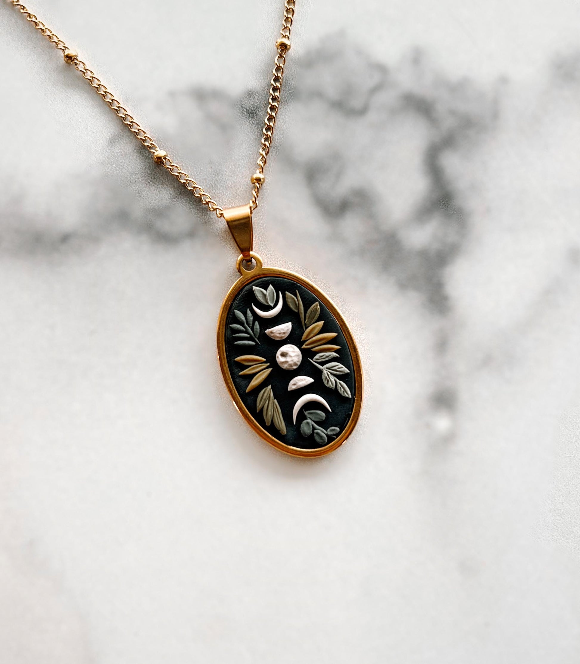 Botanical Moon Phase | Pendant | Necklace | Handmade Polymer Clay | Gold