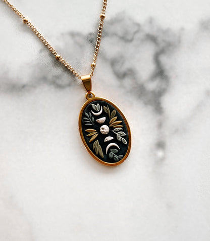 Botanical Moon Phase | Pendant | Necklace | Handmade Polymer Clay | Gold